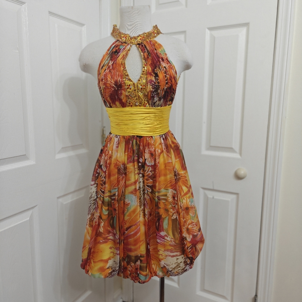 Priscilla Collection Vibrant Halter Dress with Yellow Accents